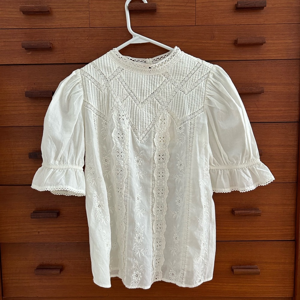 Sezane White Puff Sleeve Ruffled Blouse